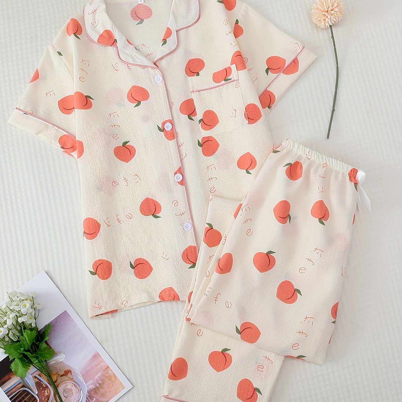 Peach Print Pajama Set Short Sleeve Buttons Top & Elastic Waistband Pants