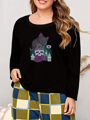 Cat & Skull Print Long Sleeve Pajama Top