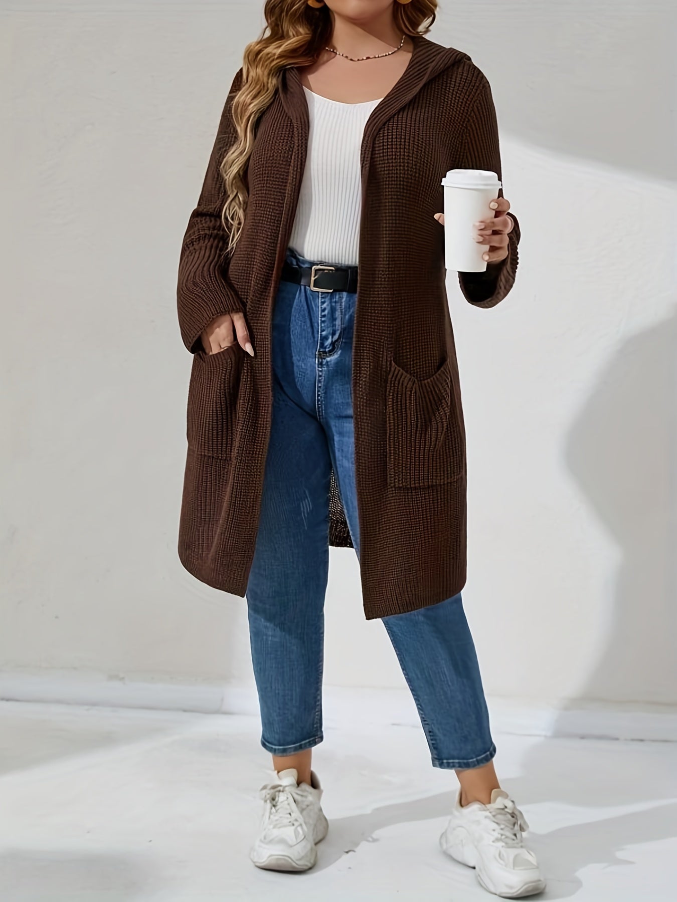 Knit Hooded Overcoat Cardigan Women's Long Sleeve