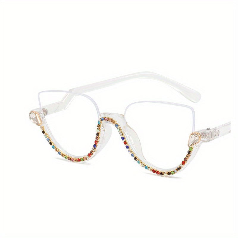 Semi Rimless Clear Lens Rhinestone Cat Eye Glasses