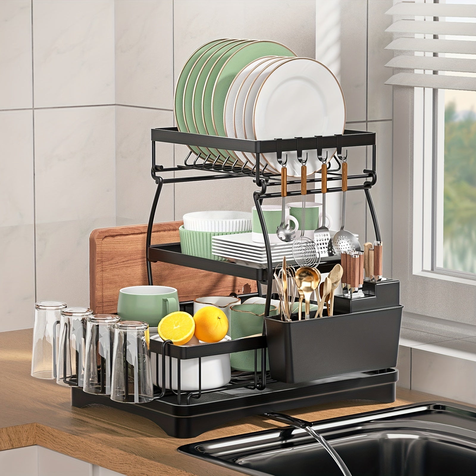 3 Tier Large Dish Drying Rack Organizer with Utensil Holder