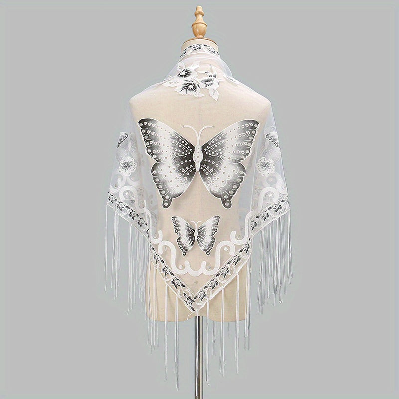 Butterfly Embroidered Tassel Shawl Triangle Scarf Lace Wrap for Party
