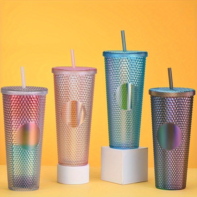 650ml Double Wall Plastic Coffee Cup with Straw Tumbler Mug Rivet Design