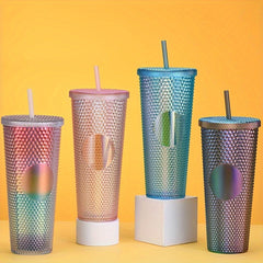 650ml Double Wall Plastic Coffee Cup with Straw Tumbler Mug Rivet Design