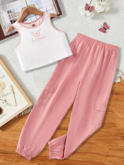 Girls Casual Butterfly Print Vest & Pants Set for Summer Party