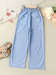 Girls Loose Casual Jeans Elastic Waist Letter Patched Wide Leg Denim Pants