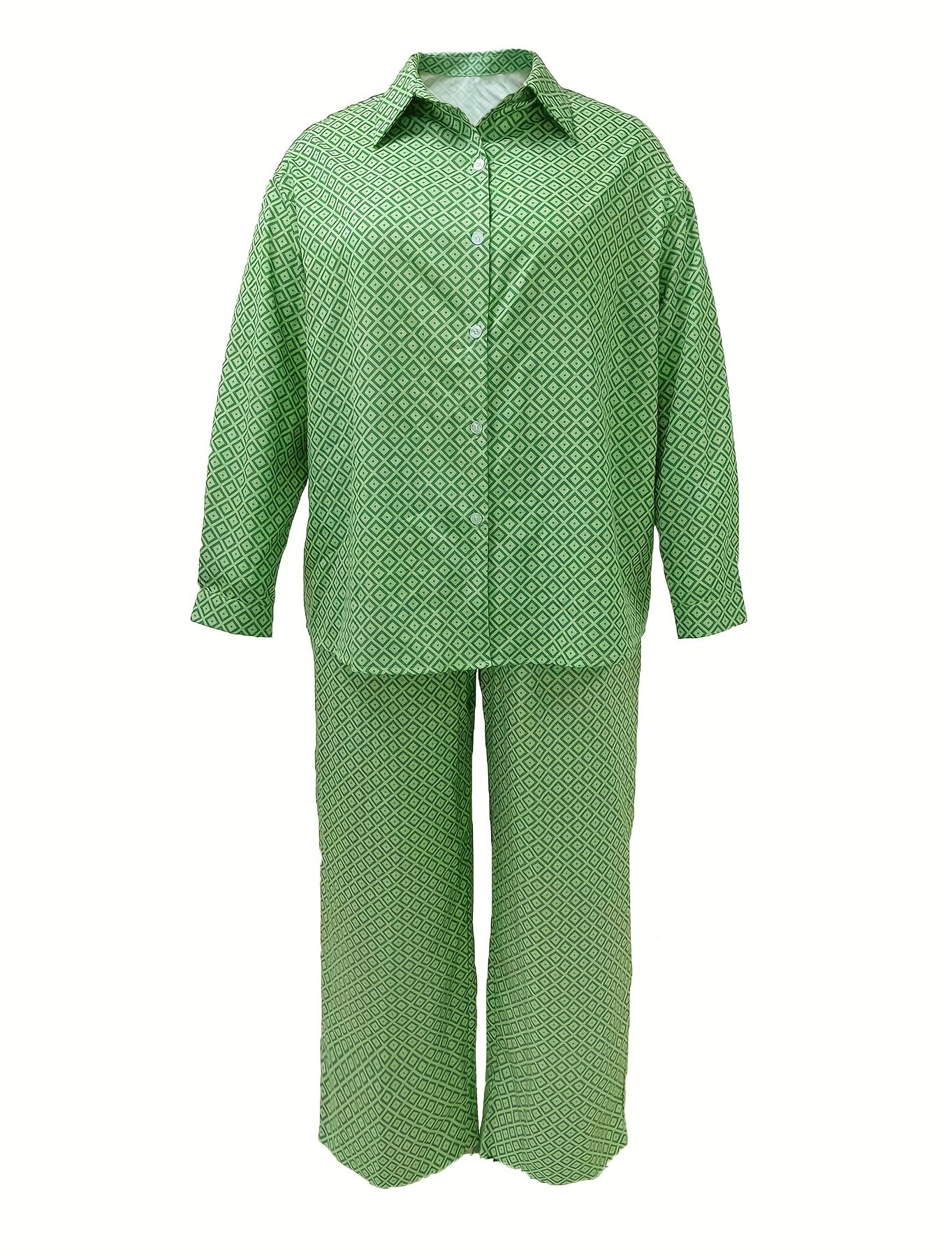 Women's Plus Allover Print Long Sleeve Button Up Shirt & Pants Outfit