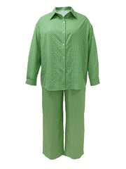 Women's Plus Allover Print Long Sleeve Button Up Shirt & Pants Outfit