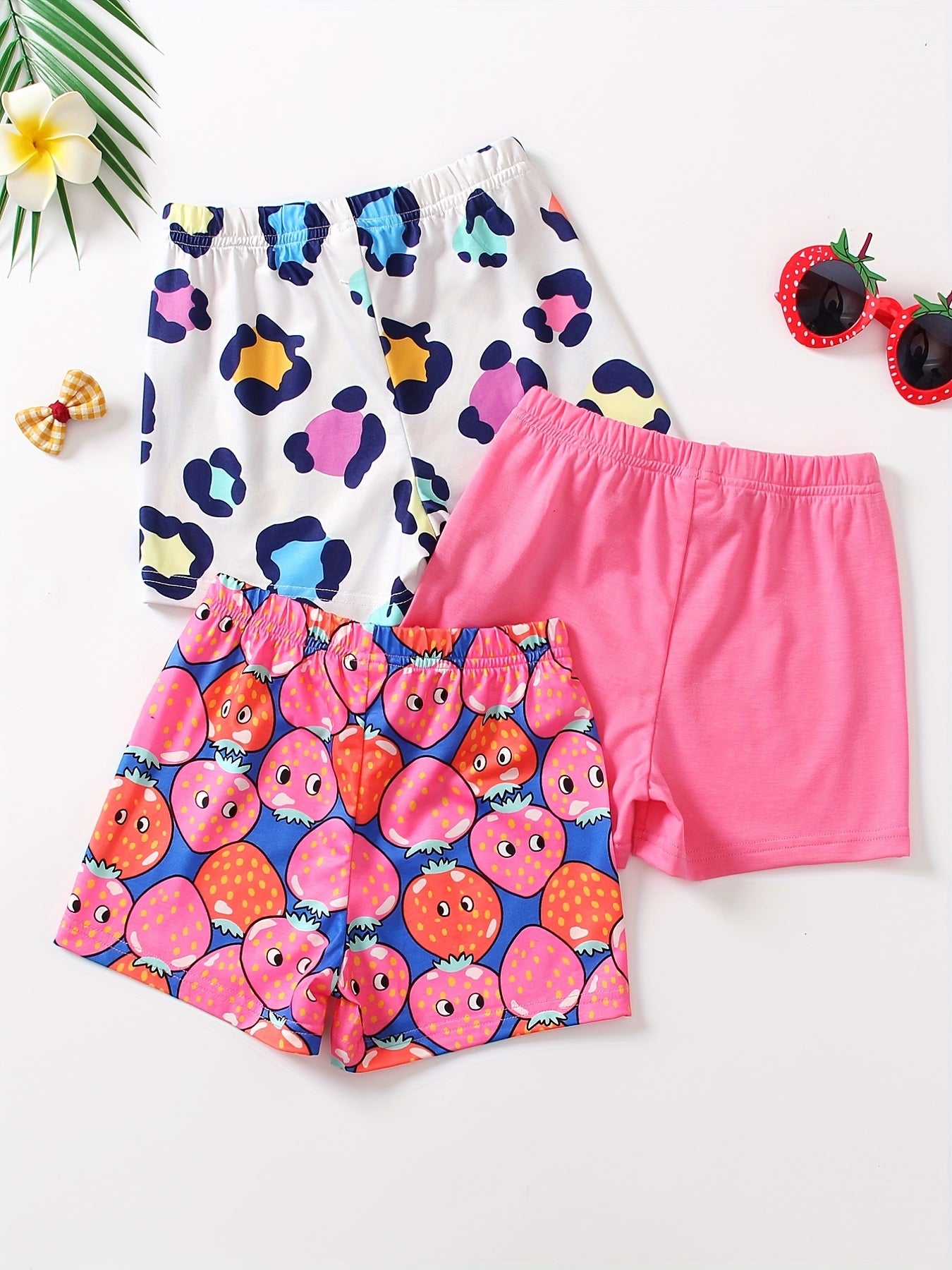 3pcs Girls' Bows Waist Casual Shorts Set For Sports Leisure