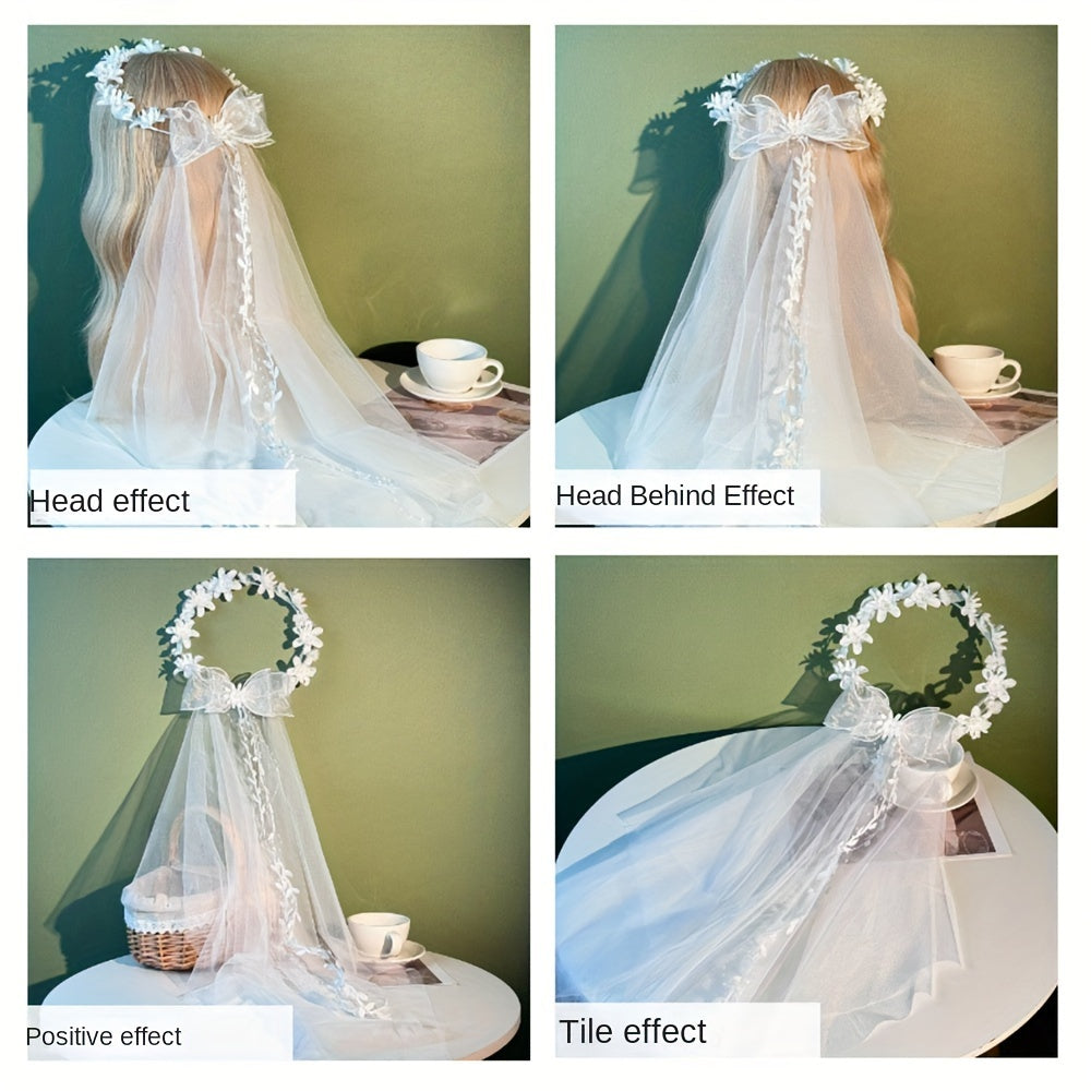Bridal Veil Lace Bow Faux Pearl Accents for Weddings