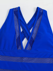 V Neck One Piece Swimsuit Contrast Mesh High Cut Bathing Suit Women's Swimwear