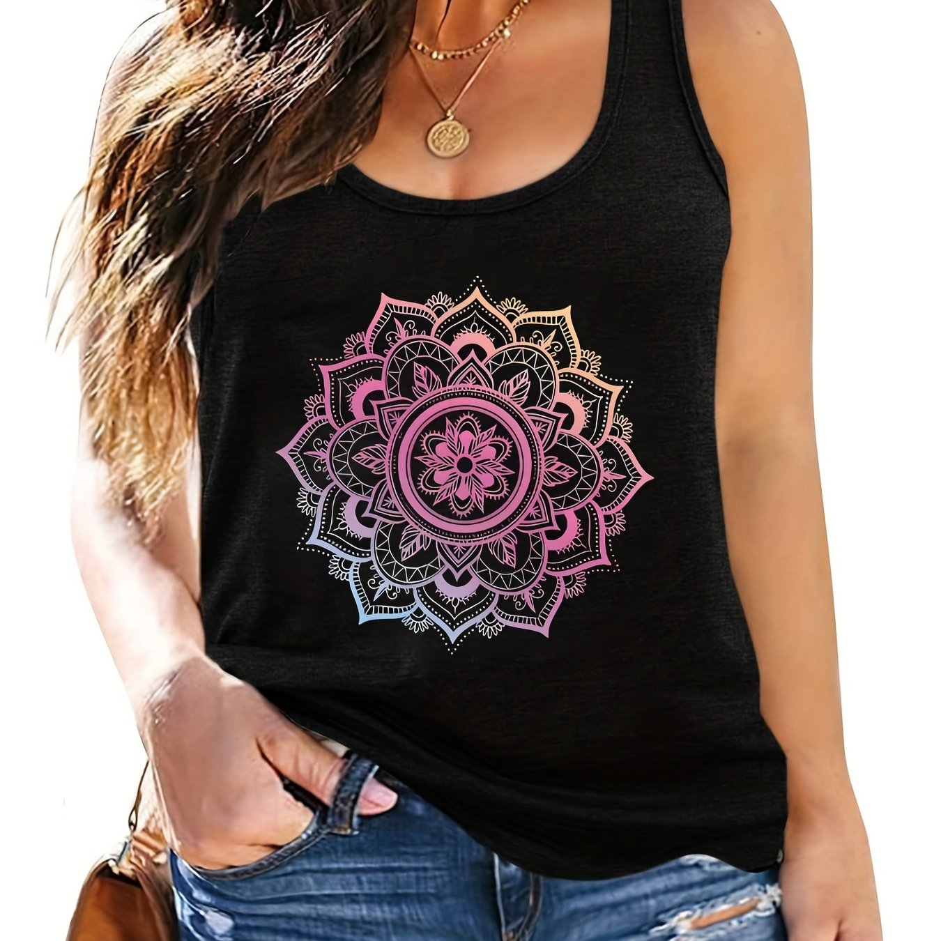 Floral Print Crew Neck Plus Tank Top