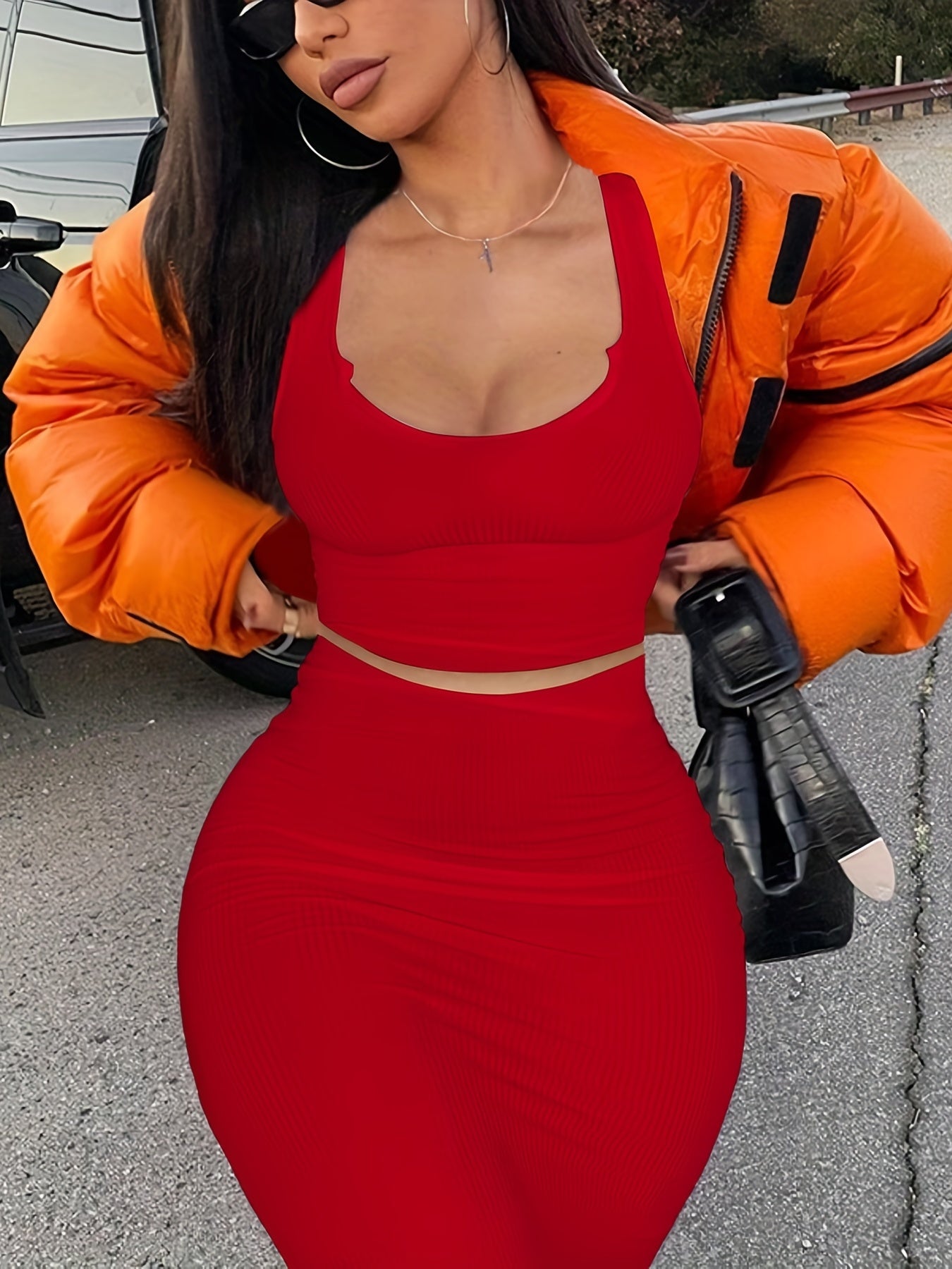 Sexy 2pc Set Scoop Neck Tank Top & Maxi Skirt Women's Outfit