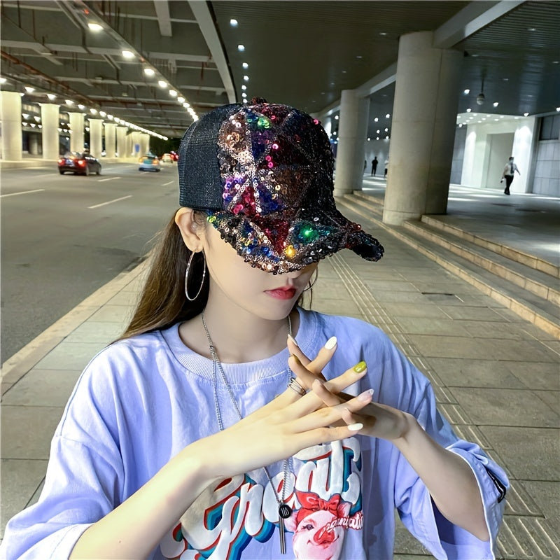 Plaid Sequin Sparkling Baseball Cap Adjustable Mesh Breathable Trucker Hat