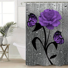 Waterproof Purple Rose and Butterfly Shower Curtain