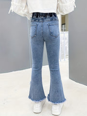 Girls Flared Denim Pants with Lace Trim for Kids