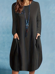 Solid Long Sleeve Round Neck Dress With Pockets