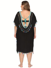 Crochet Tassel Trim V Neck Cover Up Dress