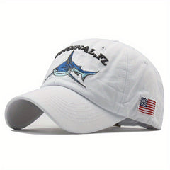 Distressed Coated Denim Baseball Hat with Big Shark Embroidery