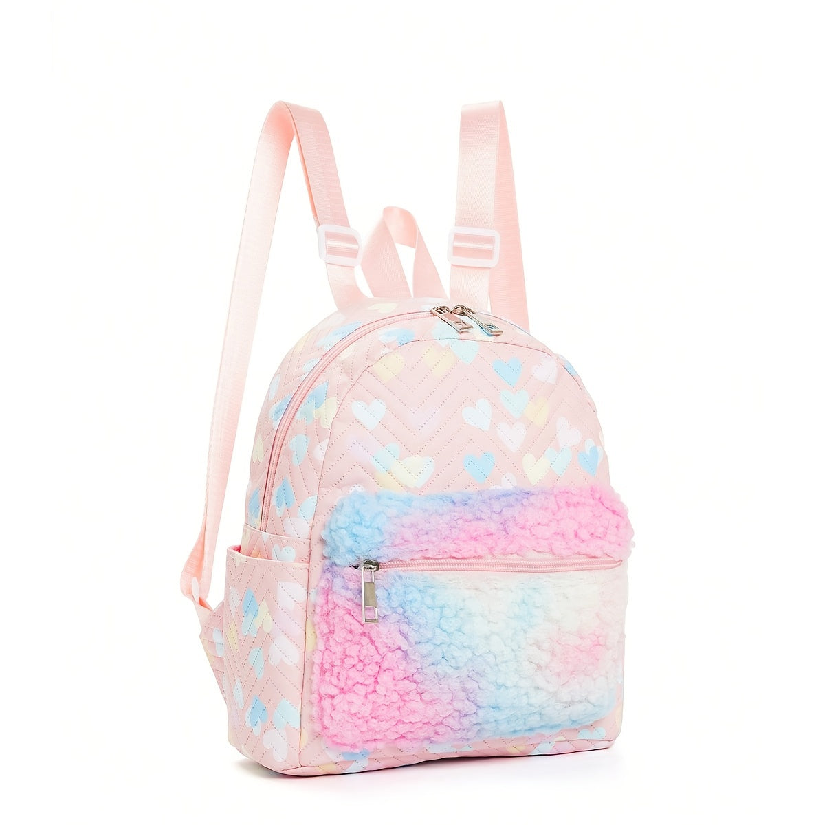 Girls Heart Pattern Plush Decor Backpack Large Capacity Pink Backpack