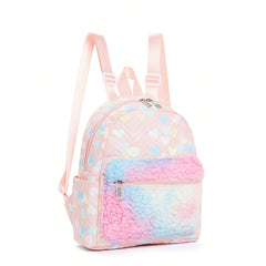 Girls Heart Pattern Plush Decor Backpack Large Capacity Pink Backpack