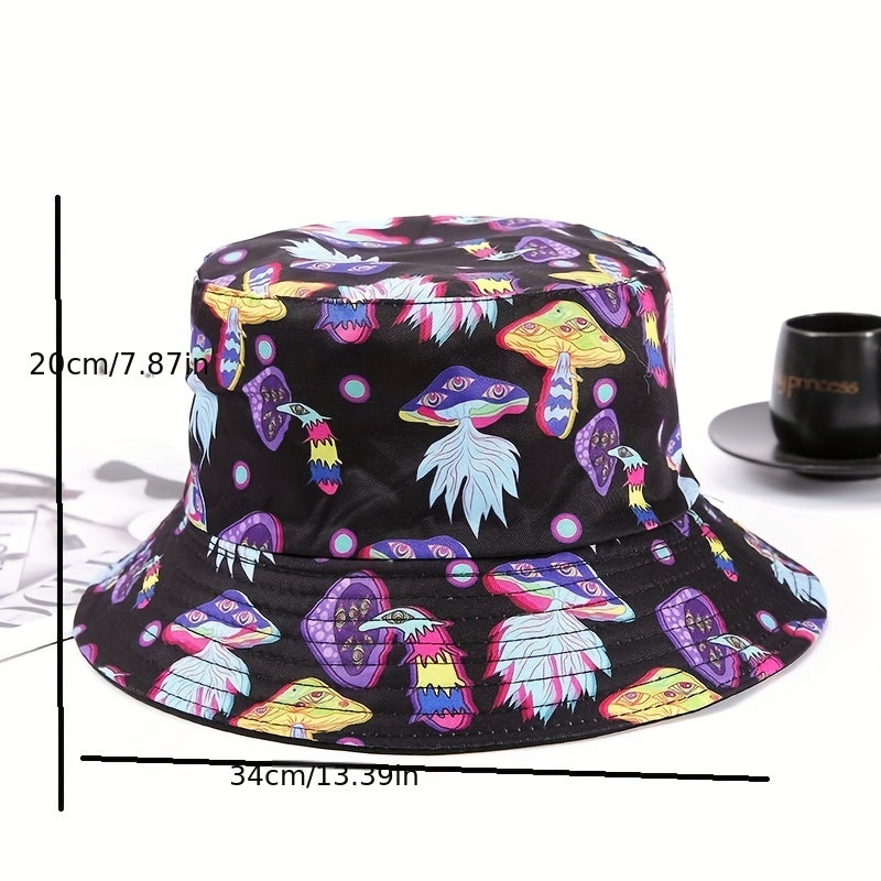 Y2K Mushroom Print Bucket Hat Cartoon Basin Hat Unisex Lightweight Fisherman Cap