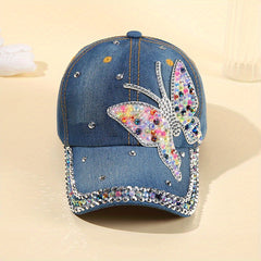 Rhinestone Butterfly Patch Baseball Cap Denim Distressed Dad Hat
