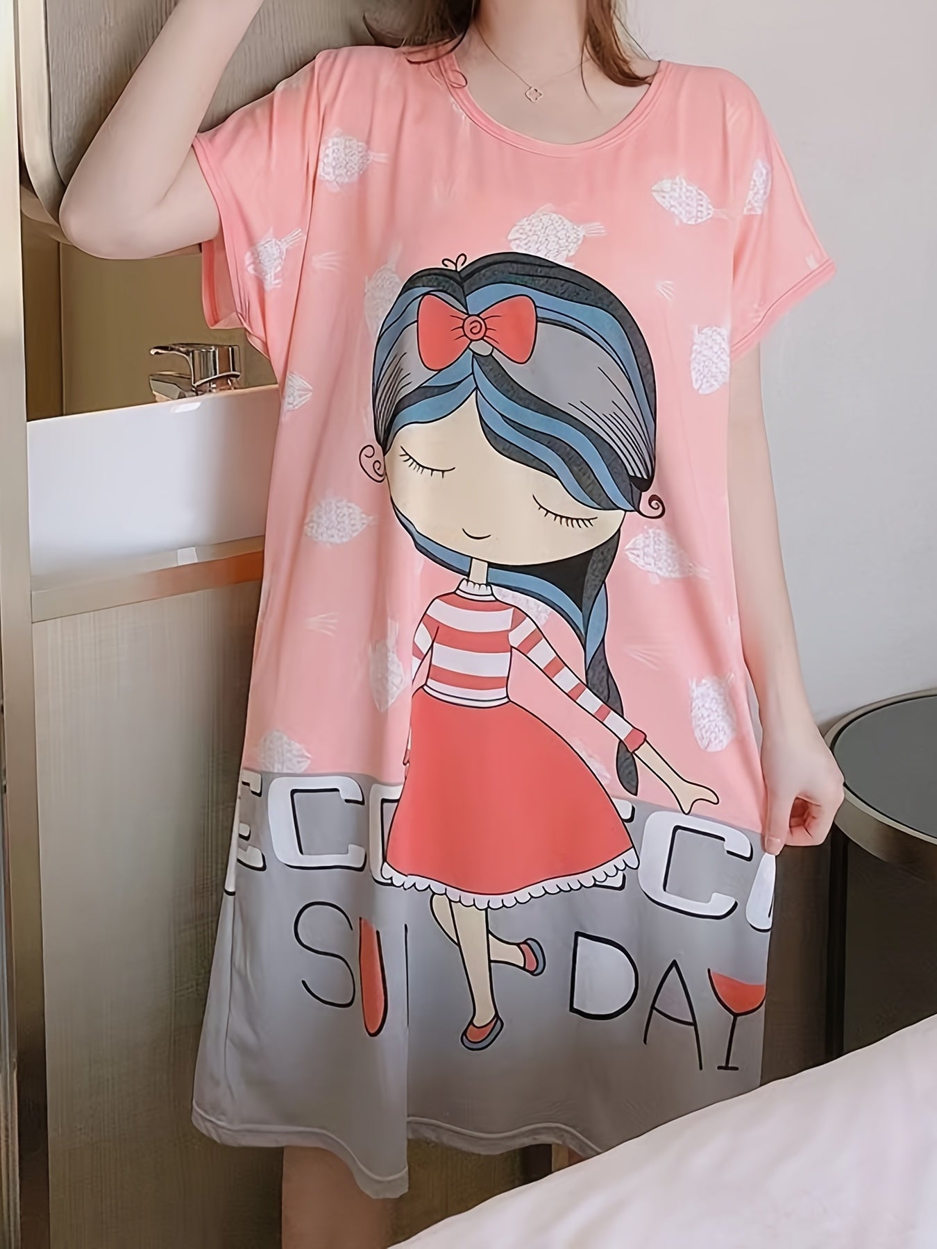 Cartoon Print Loose Sleep Dress & Short Sleeve Women's Loungewear