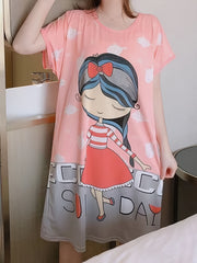 Cartoon Print Loose Sleep Dress & Short Sleeve Women's Loungewear