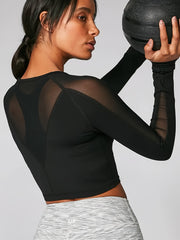 Solid Mesh Contrast Sports Top Long Sleeve Casual Yoga T-shirt