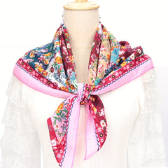Boho Floral Print Square Scarf Pink Silk Bandana Head Wrap
