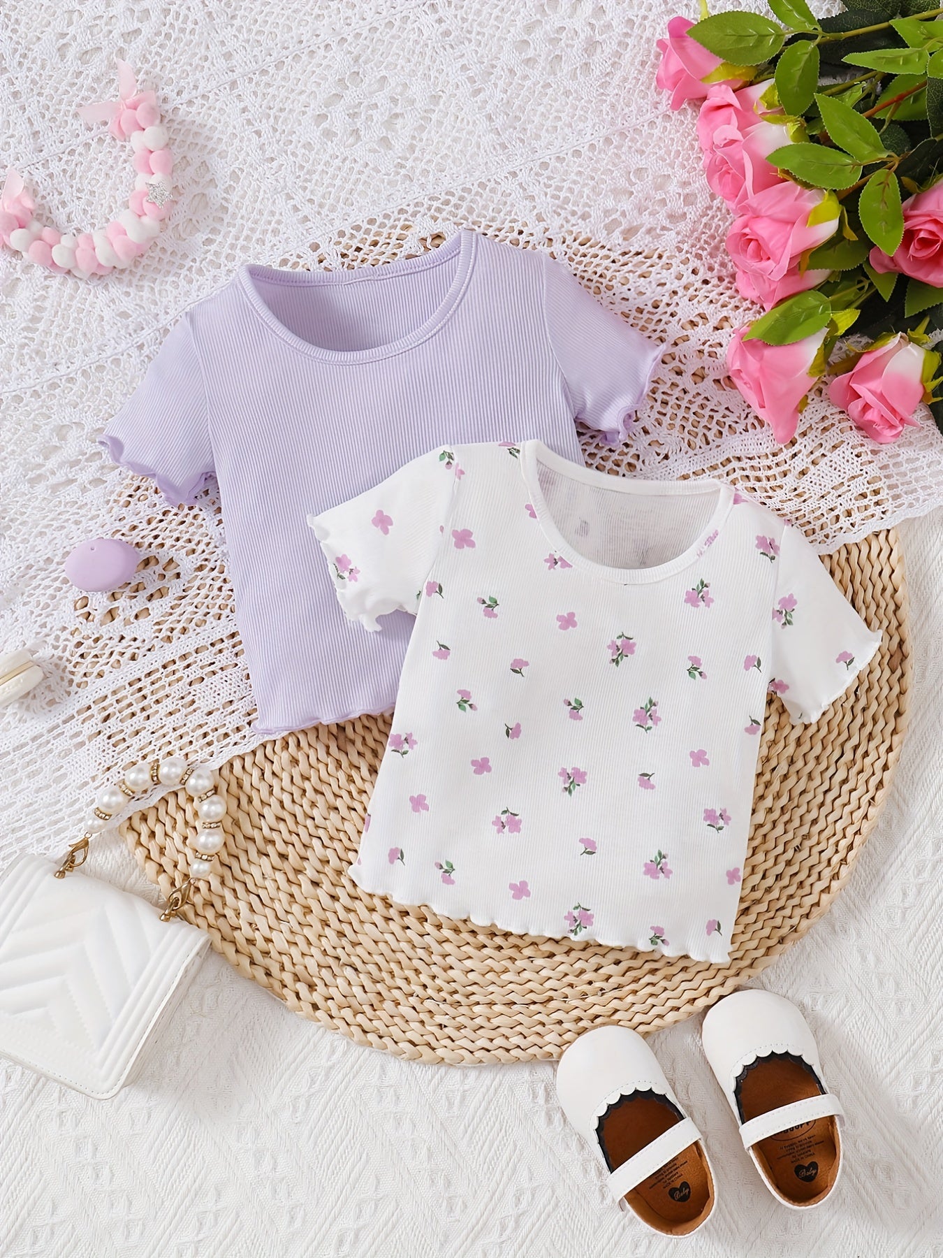 Baby Girl's Pink & Ditsy Floral All Match T shirts 2pcs Te Tops Set