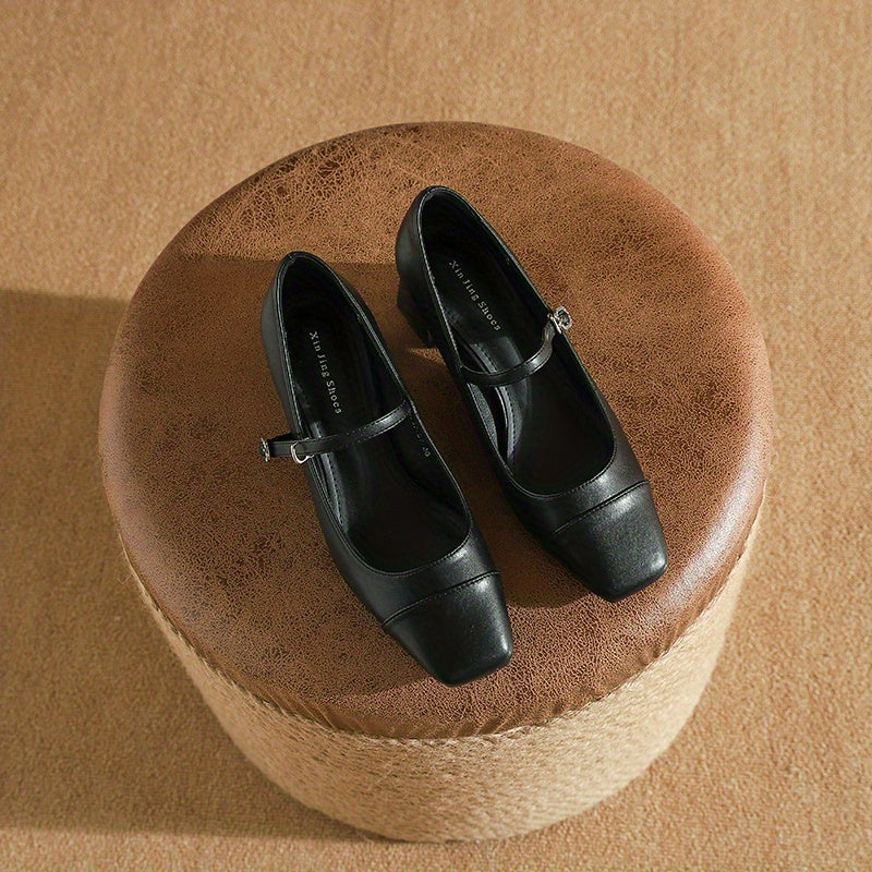 Chunky Heel Square Toe Pumps Faux Leather Buckle Strap
