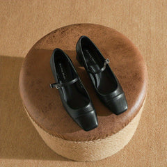 Chunky Heel Square Toe Pumps Faux Leather Buckle Strap