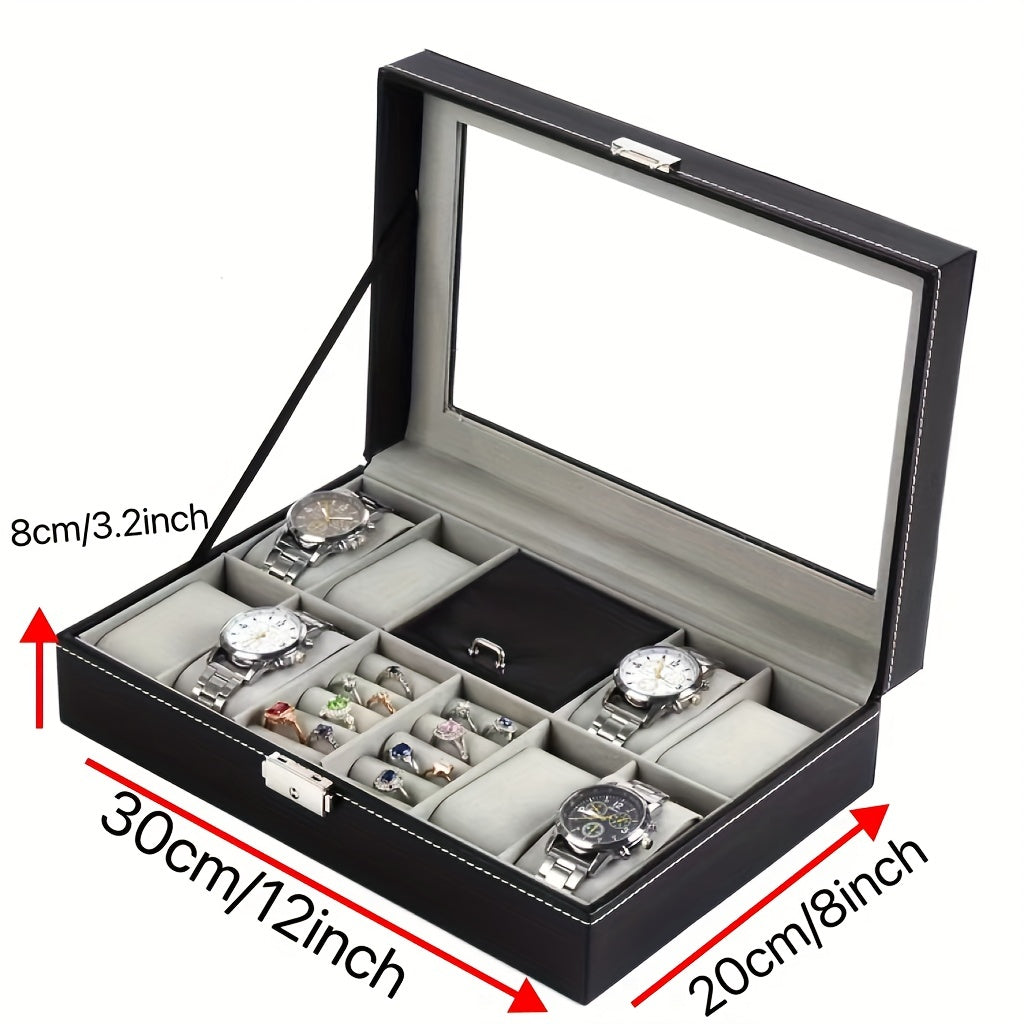 Men's 8 Digit Watch Box Ring Velvet Cover Glass Transparent Display