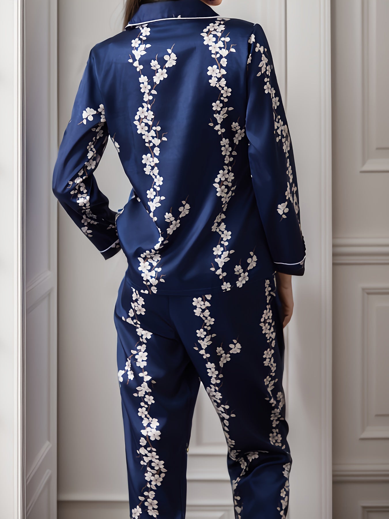 Floral Print Satin Pajama Set Contrast Trim Long Sleeve Button Up Top & Pants