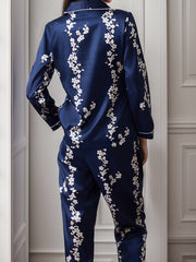 Floral Print Satin Pajama Set Contrast Trim Long Sleeve Button Up Top & Pants