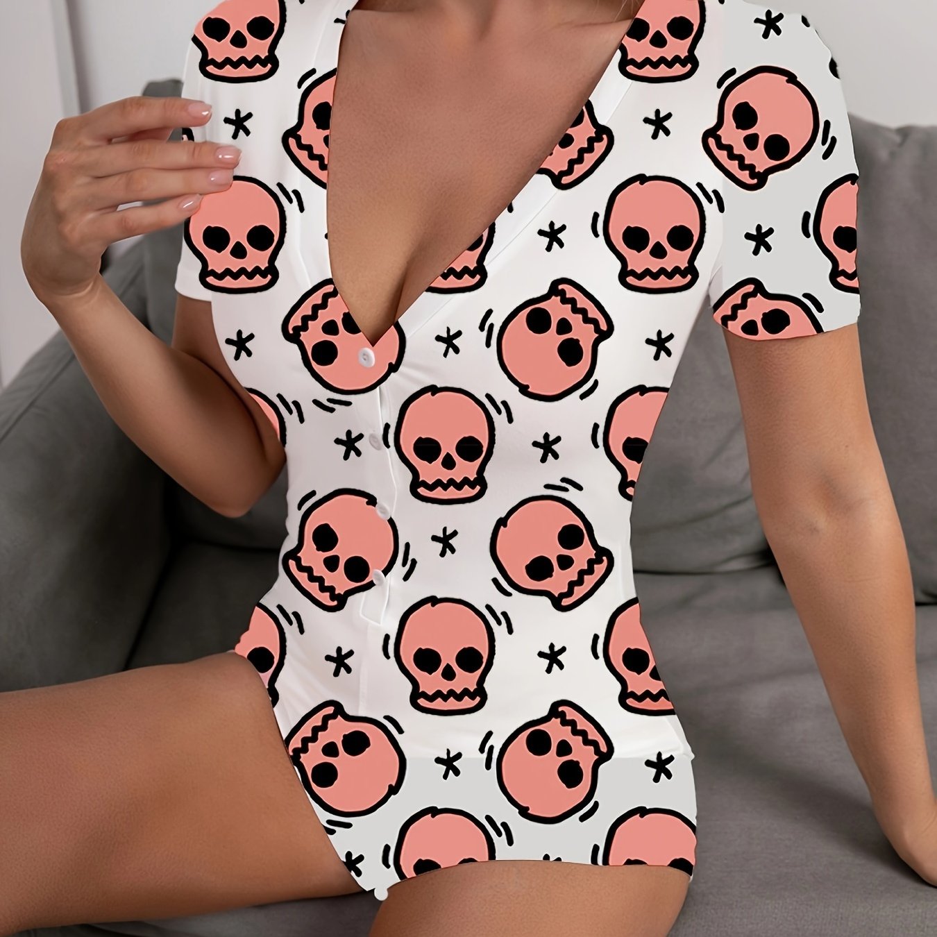 Skull Print Buttons Pajama Romper Short Sleeve V Neck Pajamas