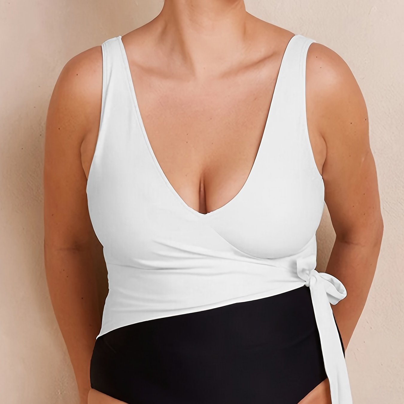 Sexy Swimsuit Colorblock V Neck Tummy Control One Piece
