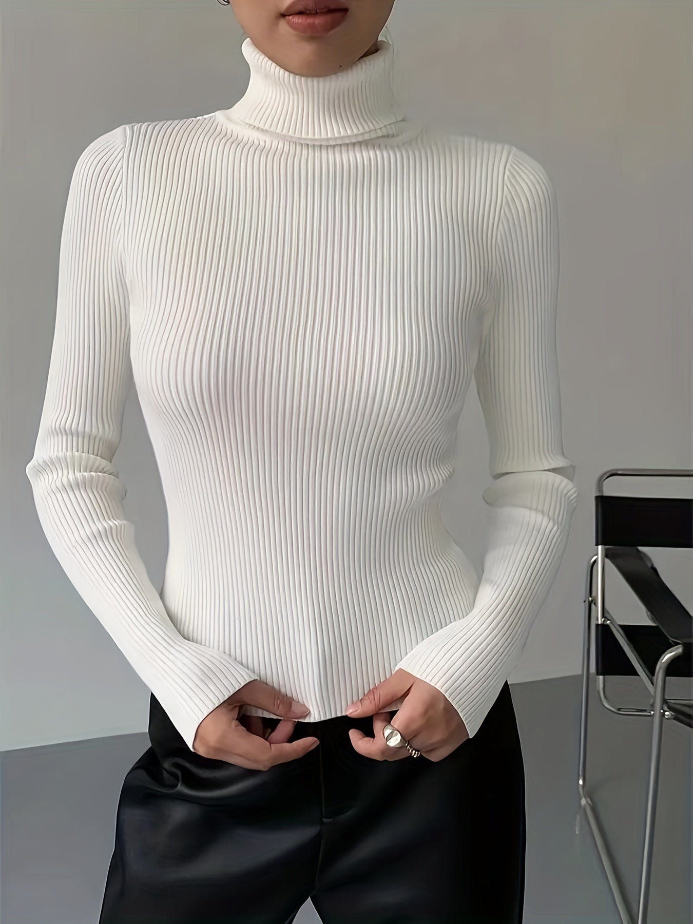 Solid Turtleneck Sweater Casual Long Sleeve Sweater For Fall & Winter