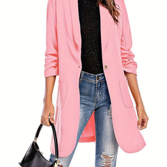 Solid Button Front Blazer Casual Ruched 3 4 Sleeve Lapel Blazer