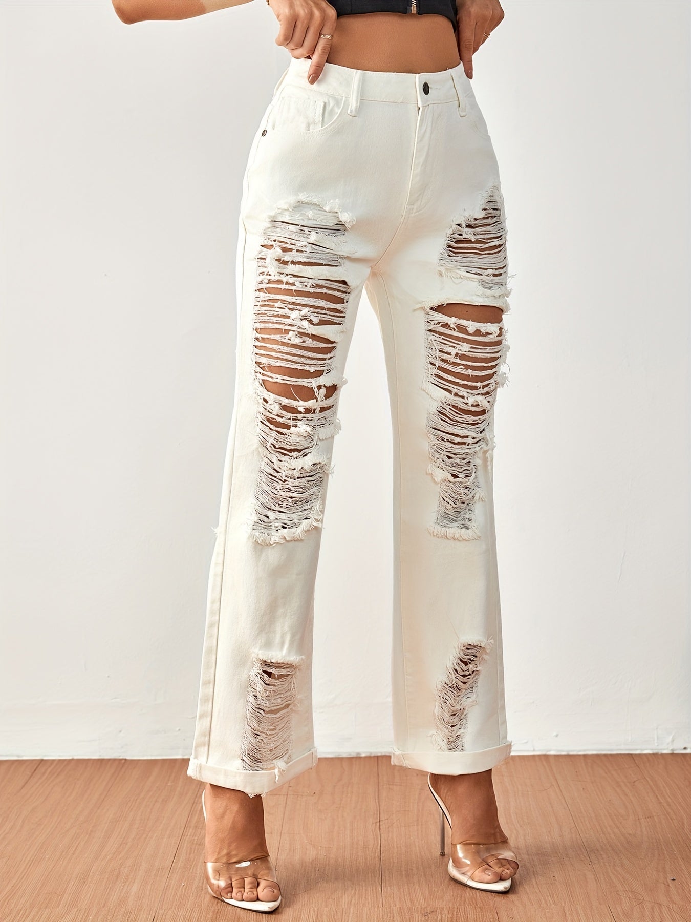 Loose Fit Distressed Non Stretch Denim Pants