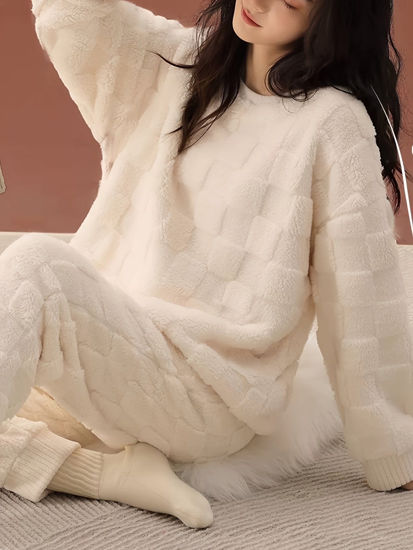 Plaid Fuzzy Pajama Set Long Sleeve Crew Neck Top & Elastic Waistband Pants