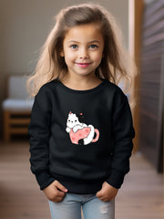 Girls Cat Pattern Crew Neck Sweatshirt Spring Fall Christmas Gift