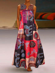 Vintage Ethnic Print Maxi Dress Sleeveless V Neck Summer Dress