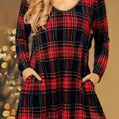 Plaid Print Long Sleeve V Neck A Line Dress