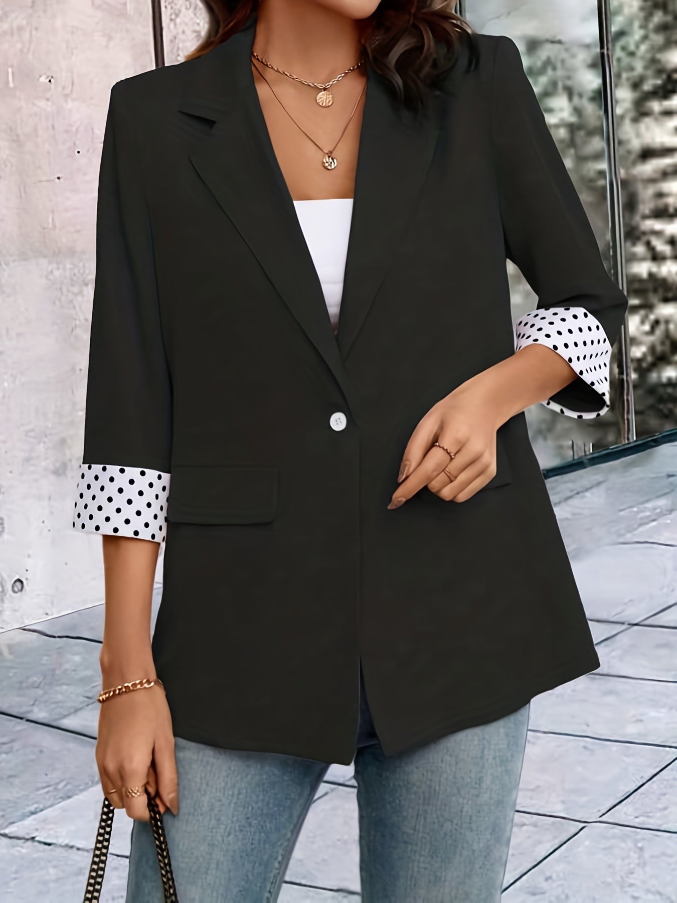 Contrast Trim Lapel Blazer One Button Work Office Outerwear