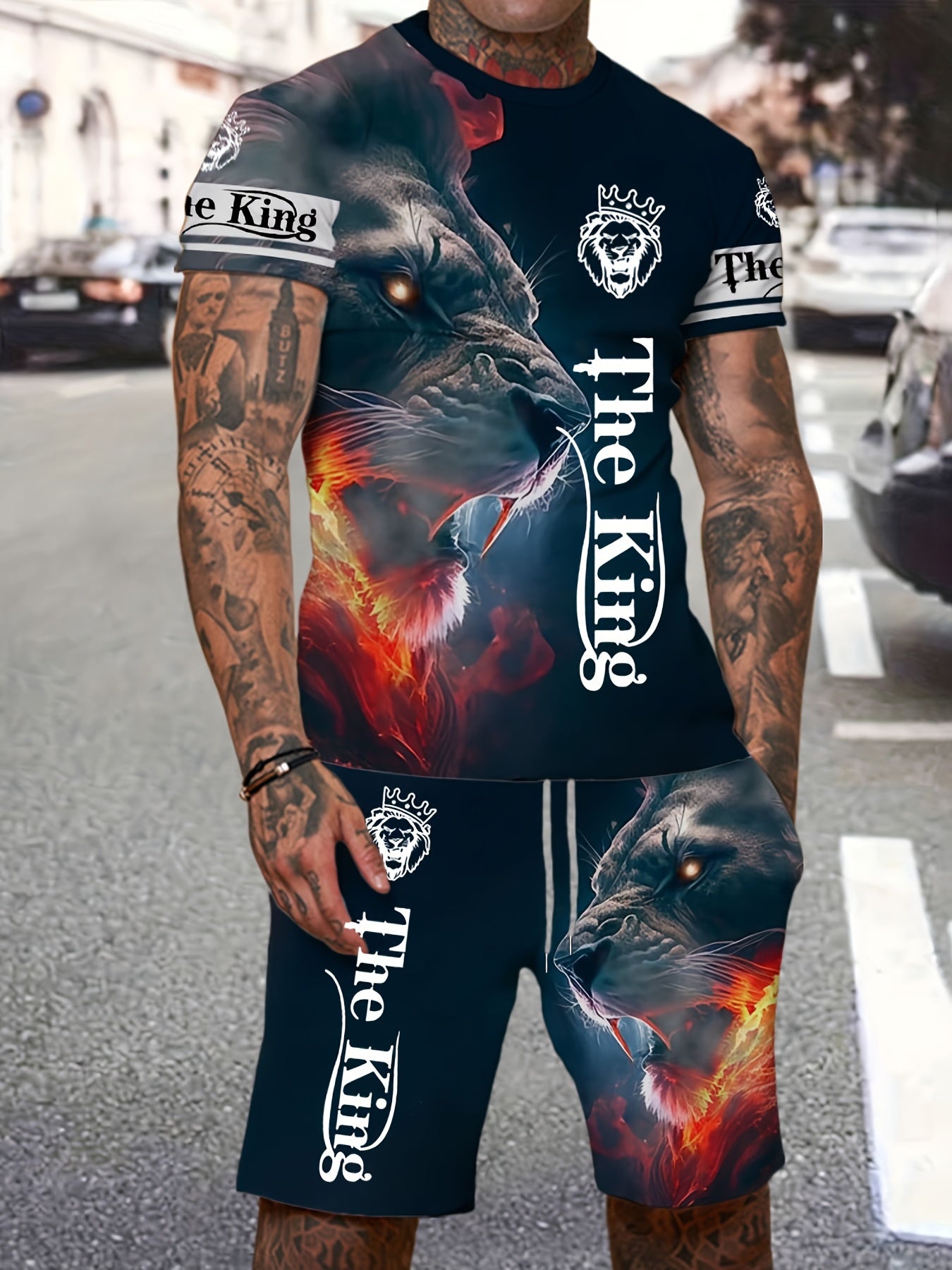 Men's 3D Lion Printed Outfit Short Sleeve T-shirt and Shorts Set