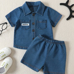 Boys Short Sleeve Shirt & Shorts Denim 2pcs POSITIVE Print Casual Kids Summer