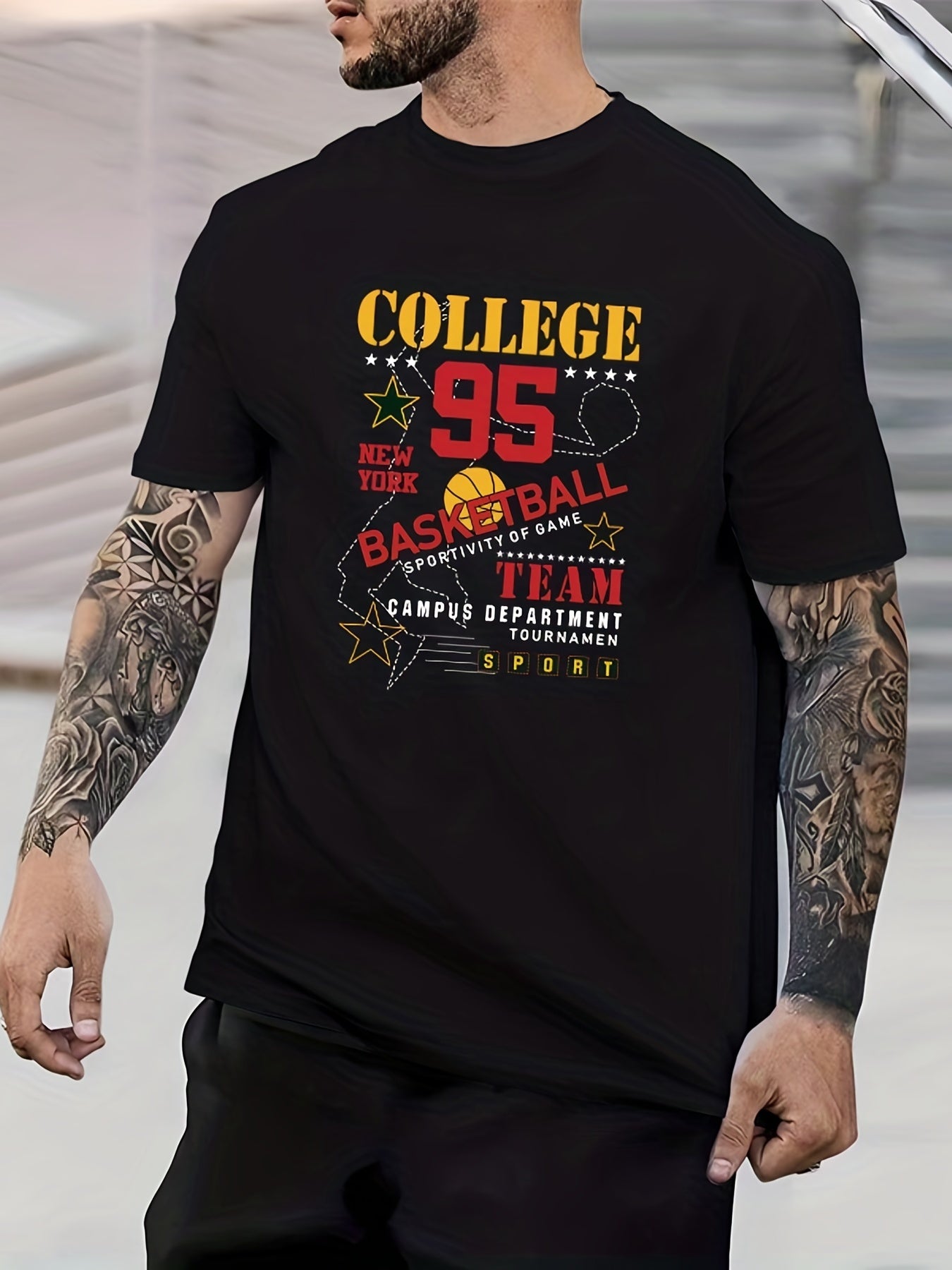 Geometric Pattern Basketball Print Men's Graphic Crew Neck T shirt